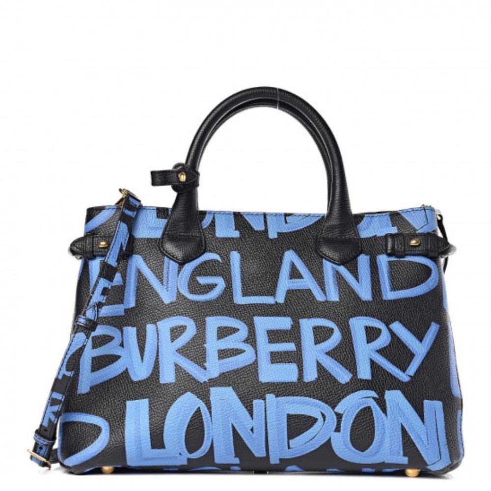 Burberry Black/Blue Leather Medium Graffiti Banner Tote